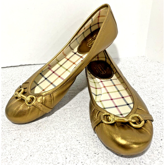 Coach Leona Ballet Flats Golden Metallic Leather Slip On Shoes Horse Bit US 6.5B